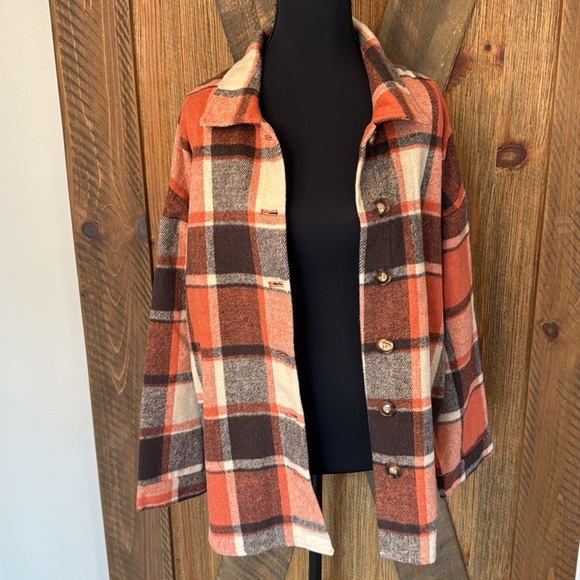 Medium Weight Flannel Plaid Shacket in Orange, Tan Brown - Picture 1 of 9